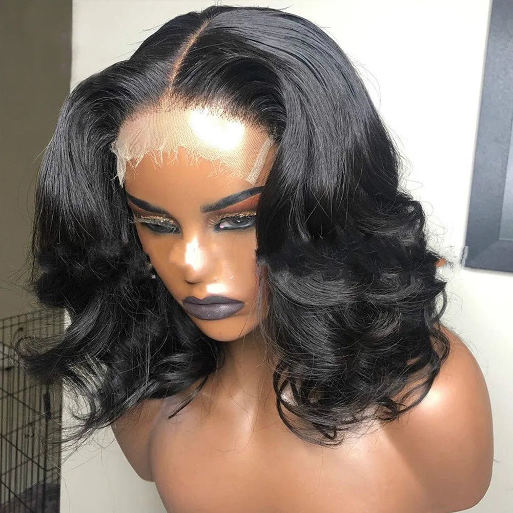 Front lace big wave wig in black with high temperature silk, half-hand knitting, middle part, 14-26 inch lengths, S M L cap sizes