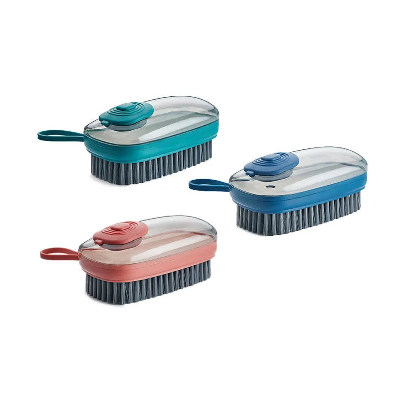 Automatic liquid cleaning brush for shoes and clothes with ergonomic grip in selected colour