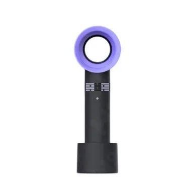 Compact portable bladeless desk fan with USB cable and base, shown in blue.