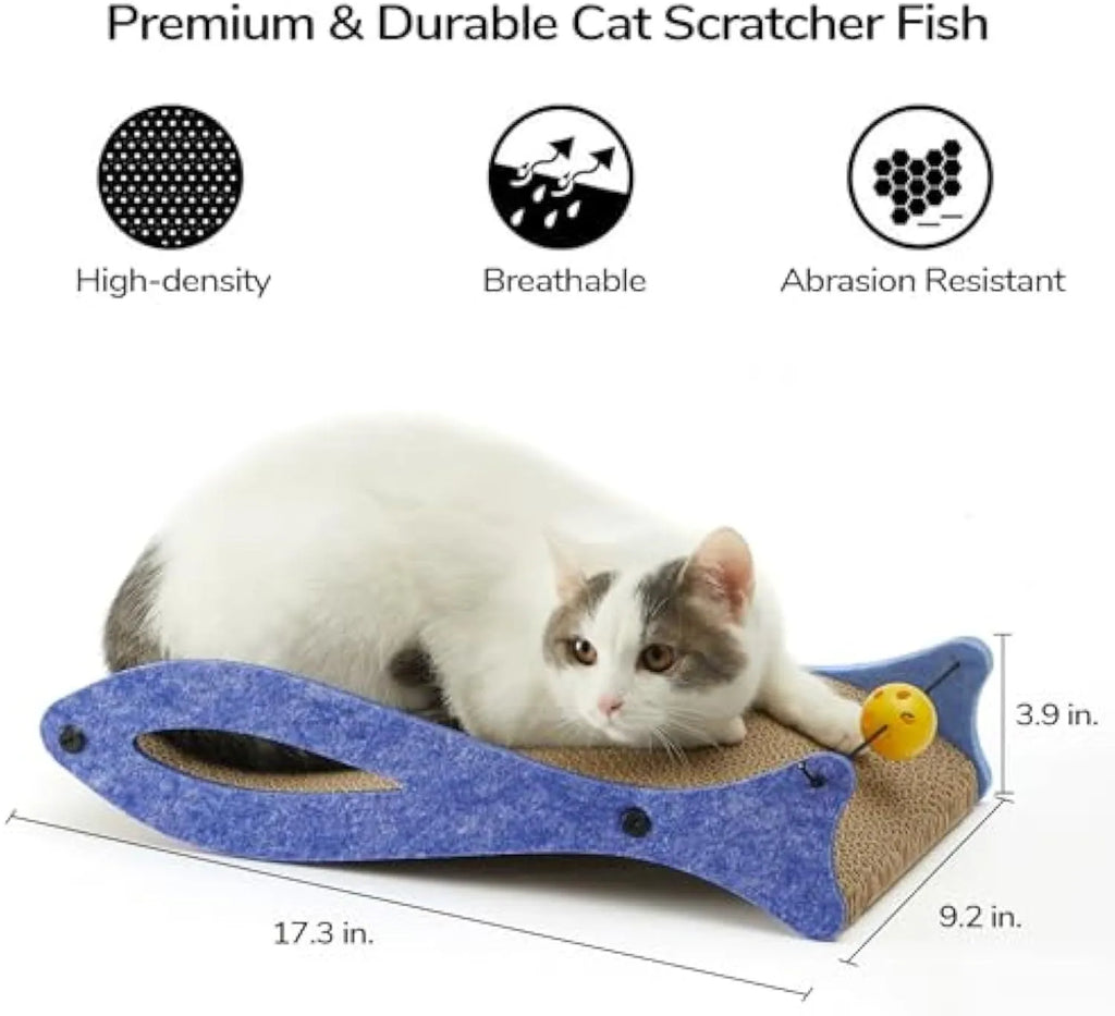 Blue fish-shaped cat scratcher with cardboard lounge area and hanging ball toys