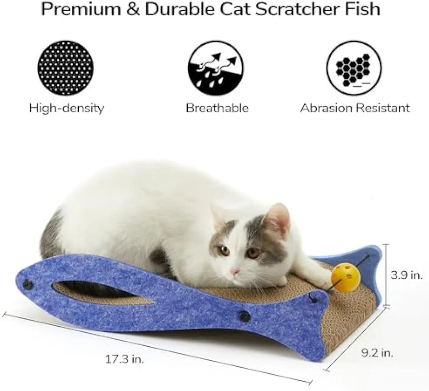 Blue fish-shaped cat scratcher with cardboard lounge area and hanging ball toys