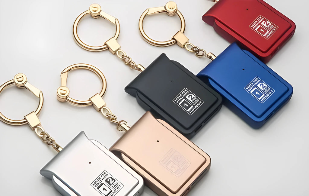 Black leather Bluetooth dual SIM adapter keychain for iOS phones with micro USB port.