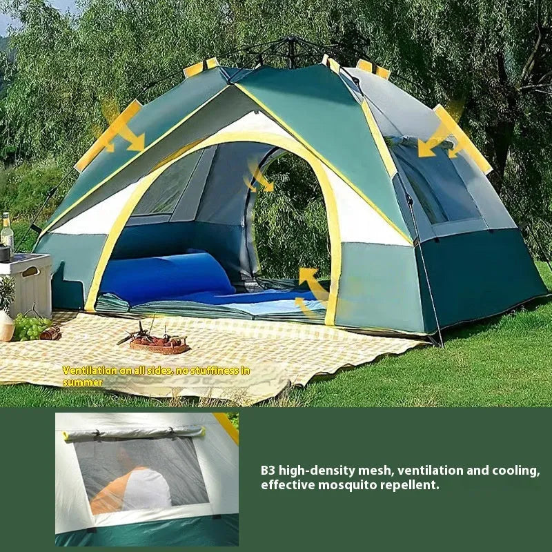 Dark green automatic pop-up camping tent for 3-4 people with quick-open frame