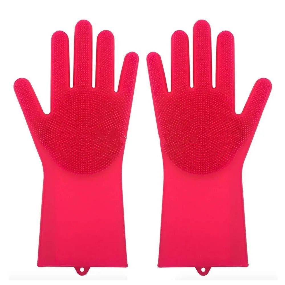 Blue silicone scrubbing gloves showing textured palm and finger surfaces for cleaning