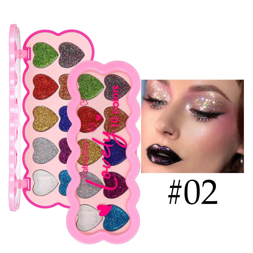 Pearlescent heart shaped ten-colour sequins eye shadow palette with universal skin type compatibility