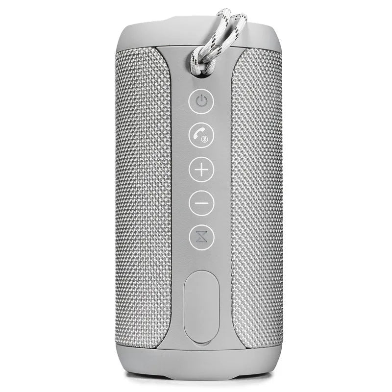 Outdoor waterproof portable speaker in black, camouflage, grey, or red colour with display showing Bluetooth, TF card, and AUX logos.