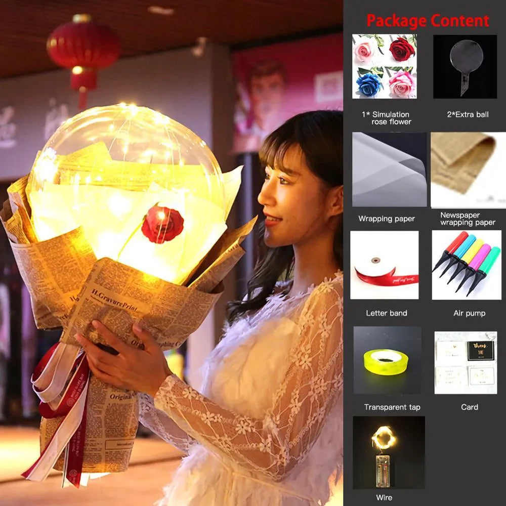 Transparent round LED luminous balloon rose bouquet with artificial flower and lights for DIY assembly