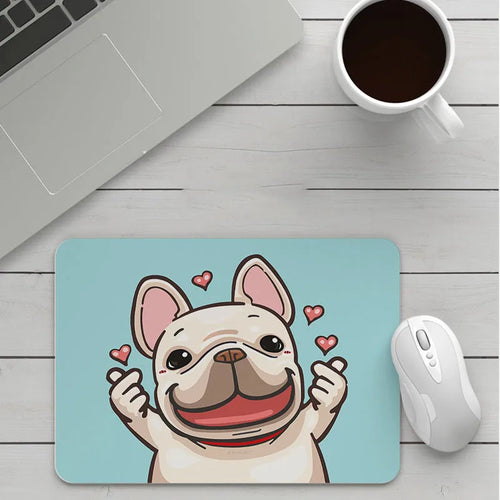 Custom cartoon design on a small black thickened mouse pad with stitching, shown on a desk.