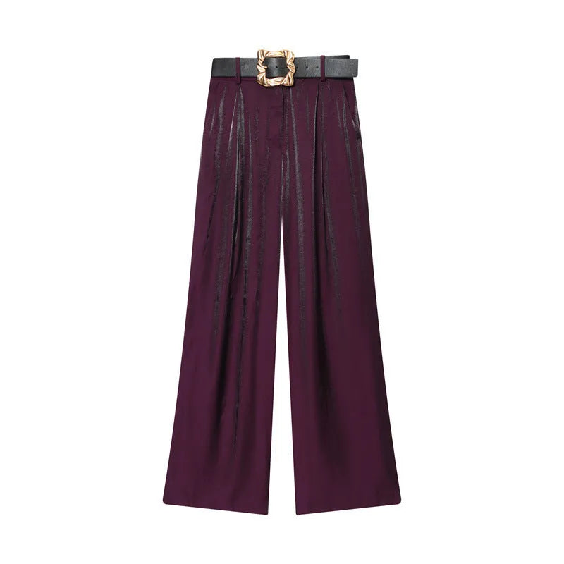 Women's balloon top with belt slacks suit in solid colour, blending polyester fabric