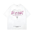 Men's white cotton printed retro design short sleeve t-shirt on hanger