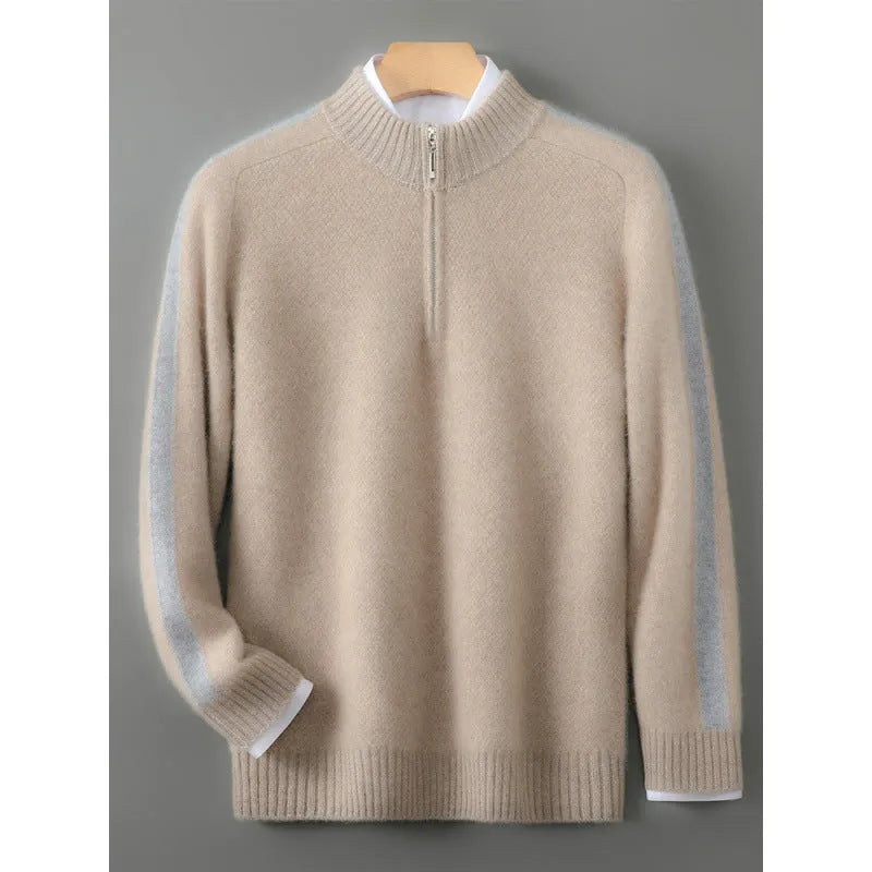 Sheep wool half-zip knitted sweater in slim fit design showing round neck and regular sleeves