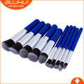 10-piece nylon makeup brush set with wooden handles in blue silver mini size