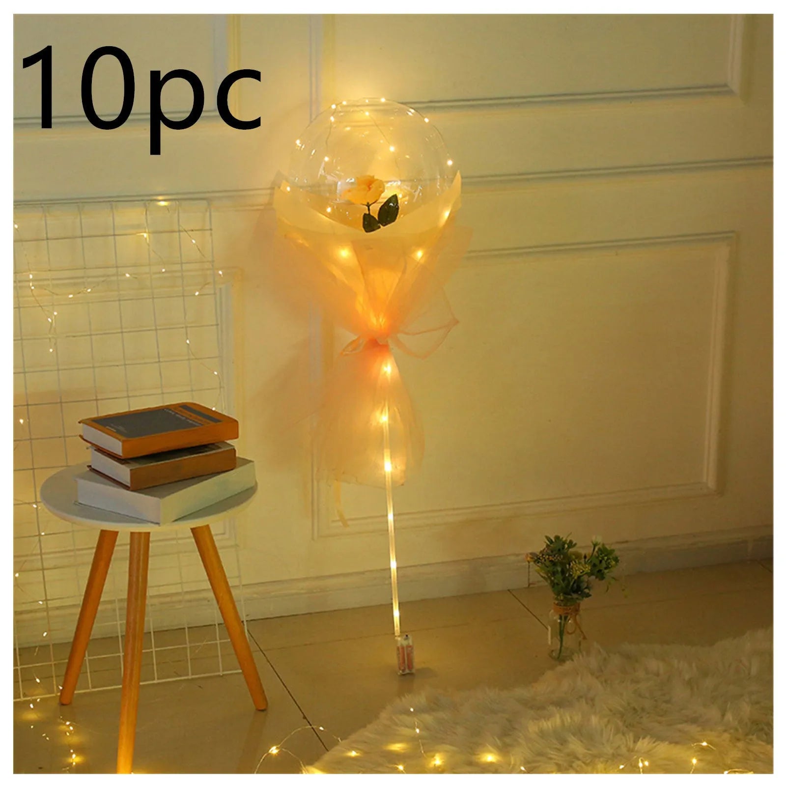 Transparent round LED luminous balloon rose bouquet with artificial flower and lights for DIY assembly
