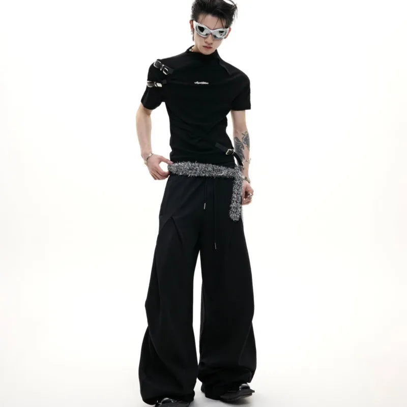 Men's black cotton T-shirt with metal belt design detail and stand-up collar in slim fit