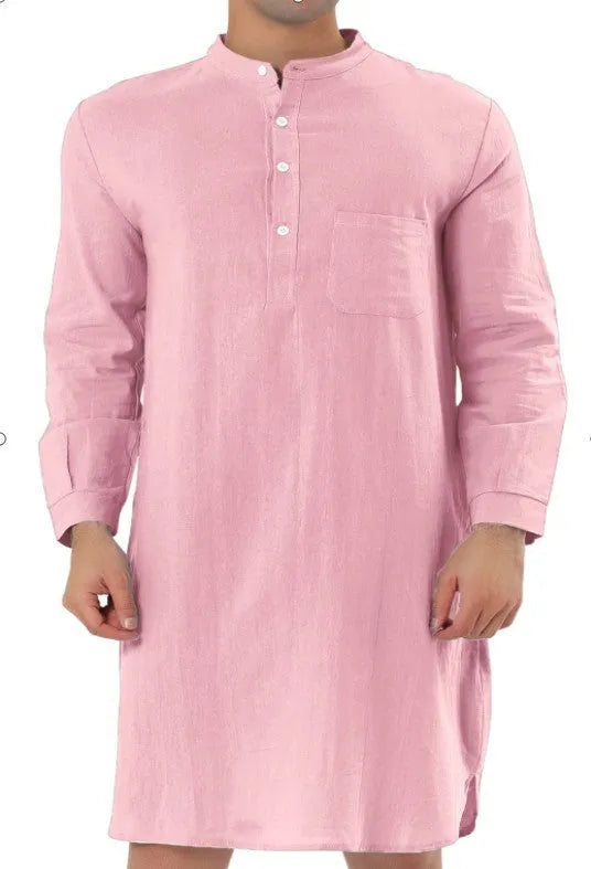 Men's cotton shirt robe in light blue with simple chest pocket, shown with relaxed fit for home wear