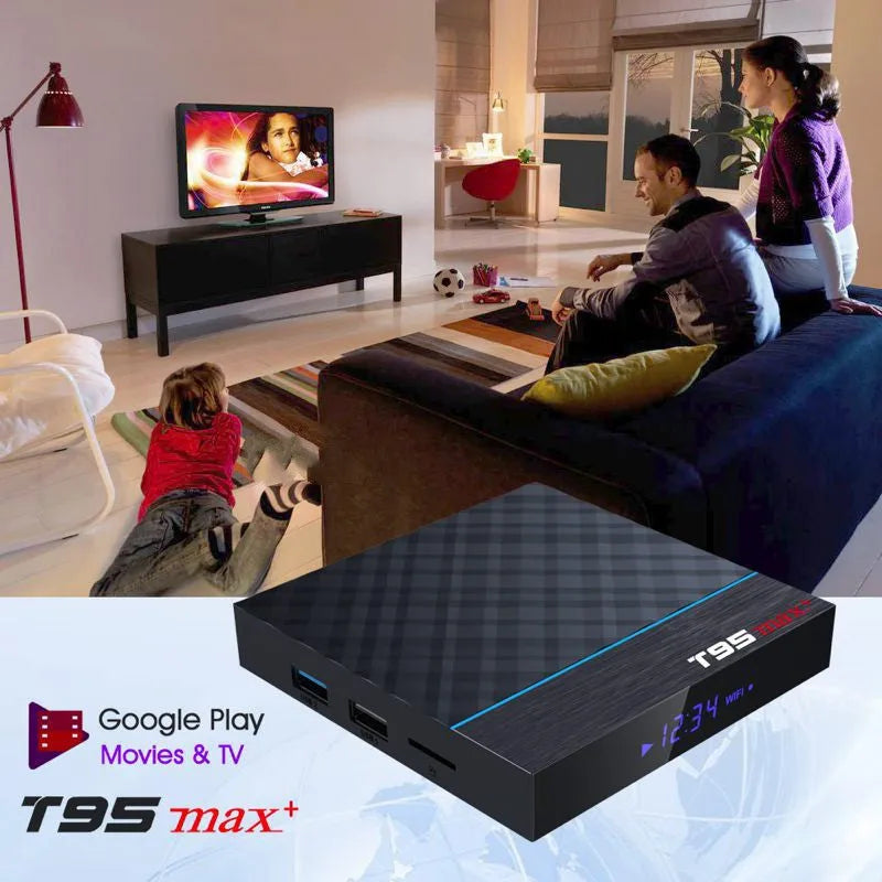 Black T95 Max Plus Android TV Box with remote control, showing choice of US, EU and UK power plugs.