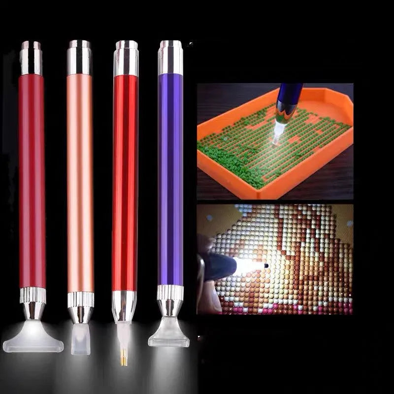 Aluminium alloy luminous drill pen for diamond painting in gold, red, or blue colour.