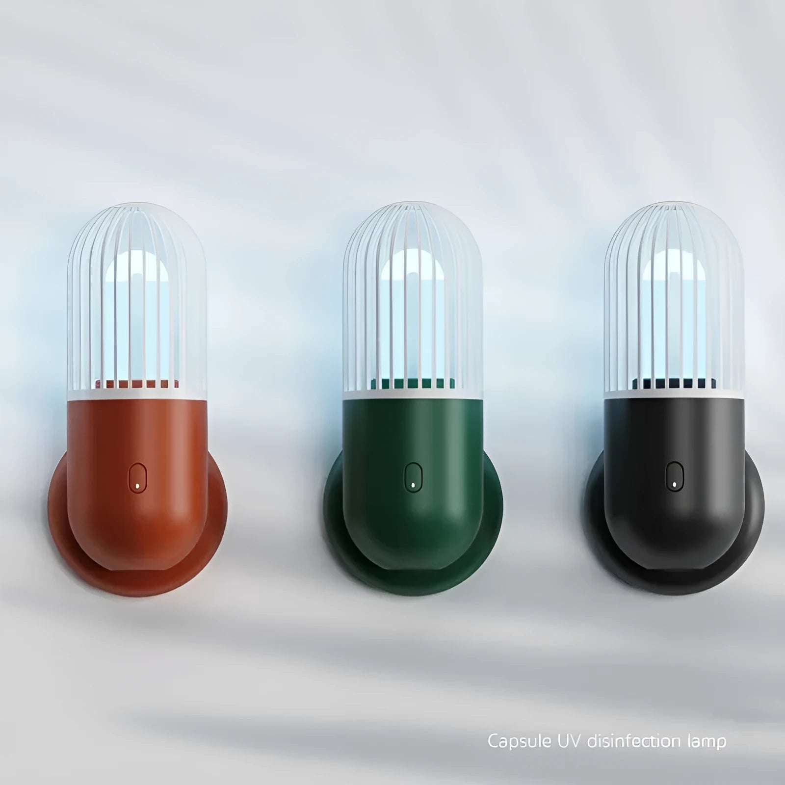 Portable capsule ultraviolet disinfection lamp in black, brown, green or white with compact 52x52x136mm body