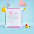 Double-sided magnetic message board with galvanized metal panel in blue, pink, or red with plastic border