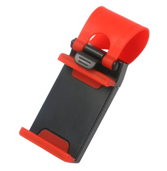 Black steering wheel clip mount holding smartphone for hands-free car use