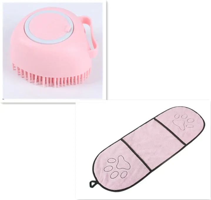Blue silicone dog bath brush with handle for pet washing and massage during grooming