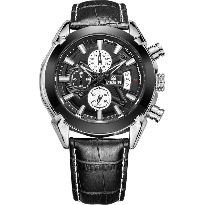 Men's casual chronograph watch showing three sub-dials and luminous hands on a black or brown dial.