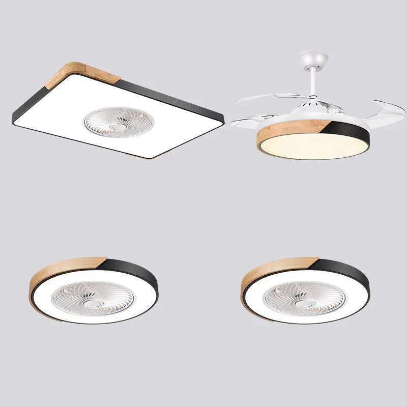 Nordic-style ceiling fan light with solid wood blades, shown in rectangular, round, and square shape options.