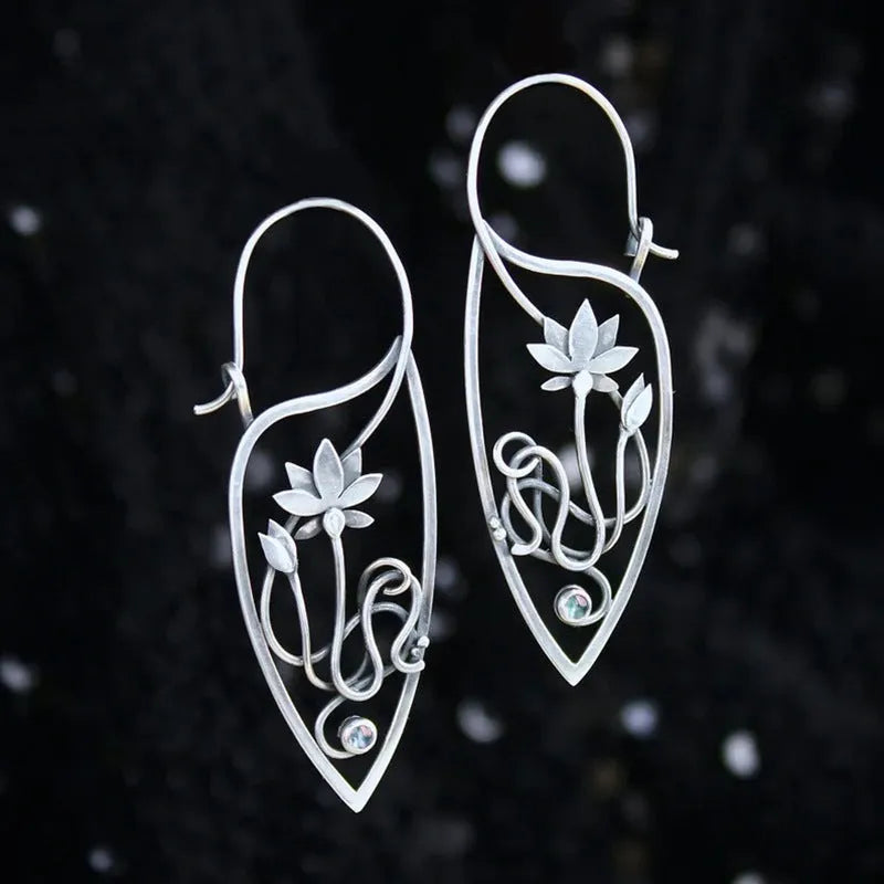 Silver lotus vine geometric drop earrings with circular rhinestones for women