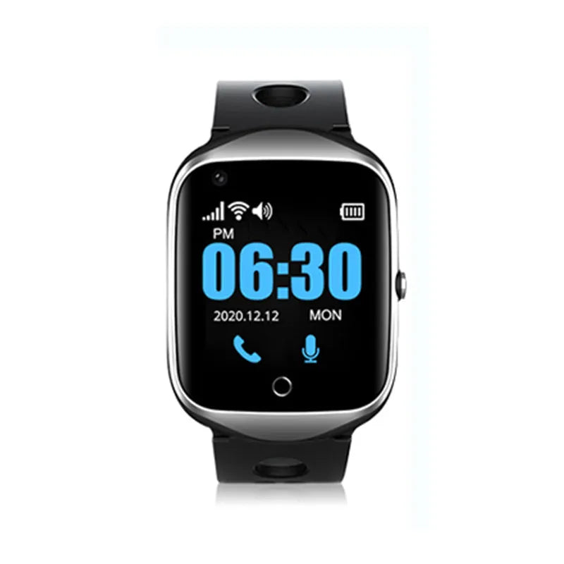 Elderly safety watch with square screen and silicone strap showing black, blue, and silver colour options