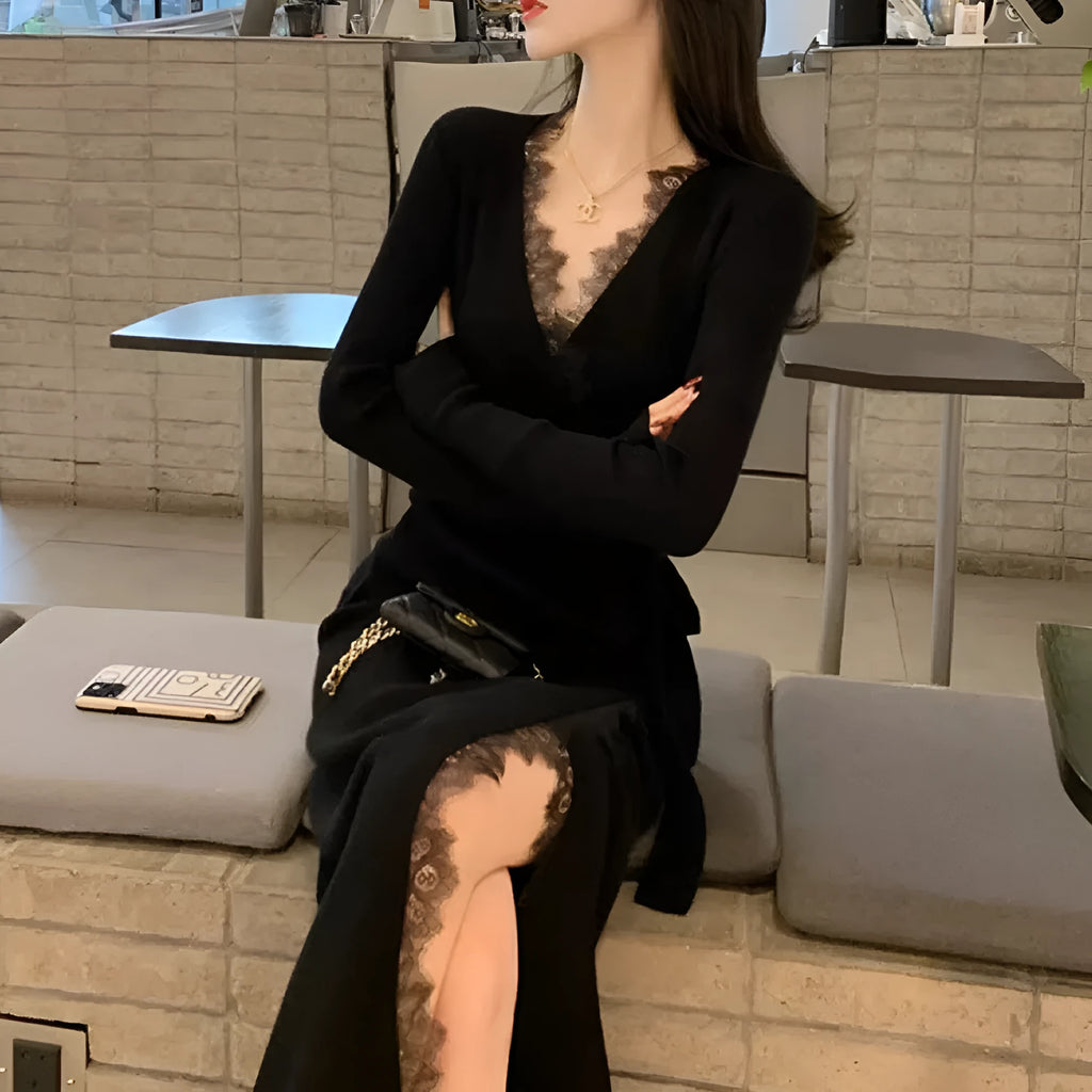 Women's slim fit black woolen skirt with princess dress cut