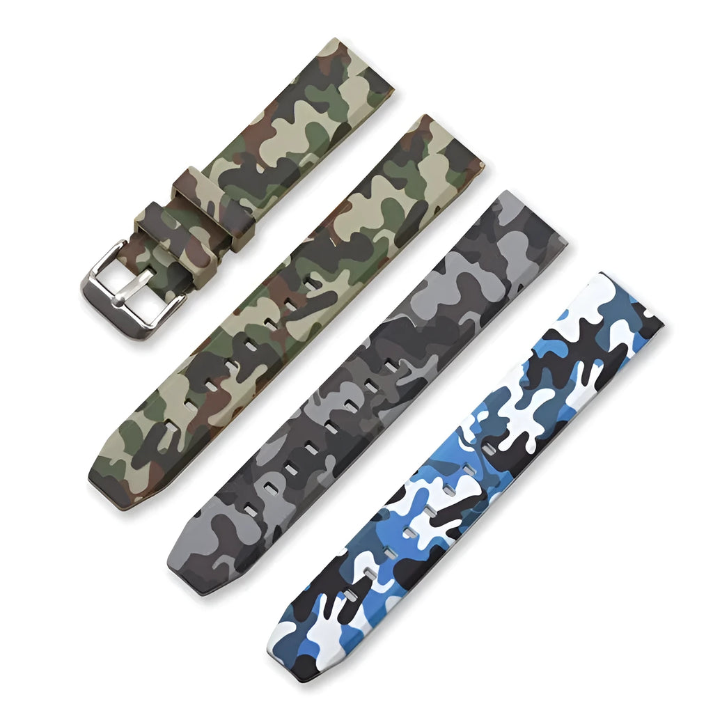 Green camouflage silicone watch strap showing flat head design and buckle, with 20mm 22mm 24mm size options.