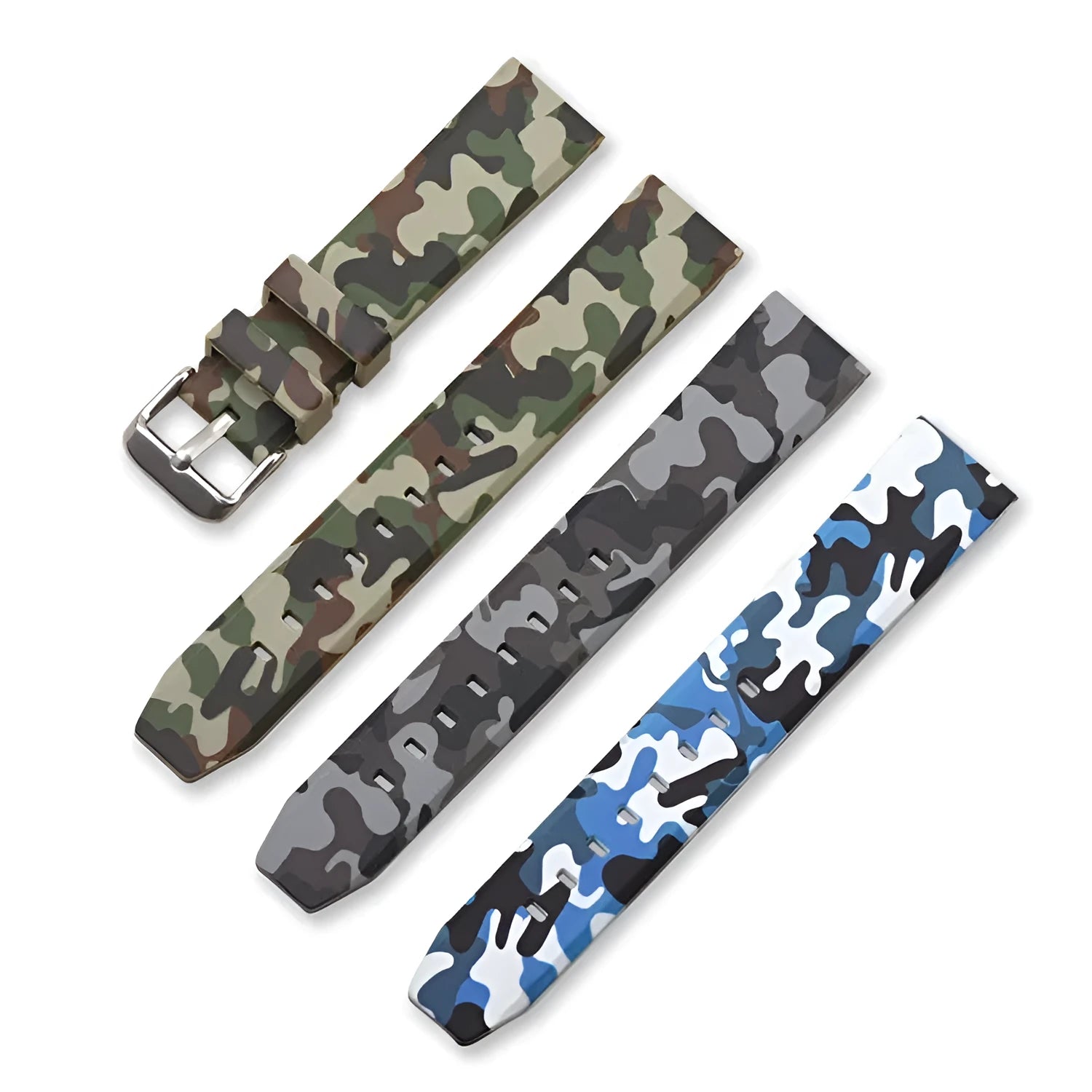 Green camouflage silicone watch strap showing flat head design and buckle, with 20mm 22mm 24mm size options.