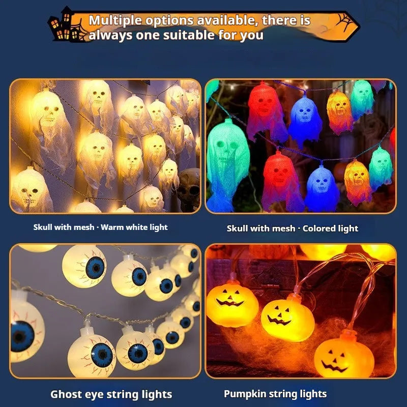 Battery-powered Halloween coloured LED string lights with plastic shell for indoor wall decoration.