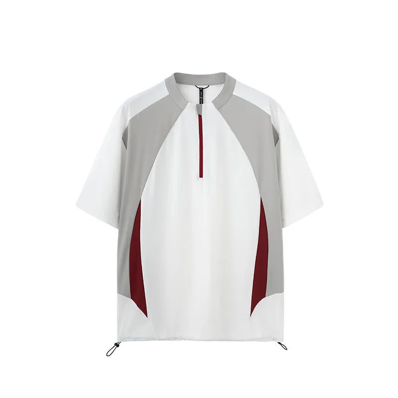 Men's solid colour polyester top with stitching detail, shown in black and beige, long sleeve and short sleeve versions.