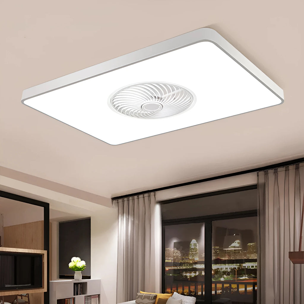 Nordic-style ceiling fan light with solid wood blades, shown in rectangular, round, and square shape options.