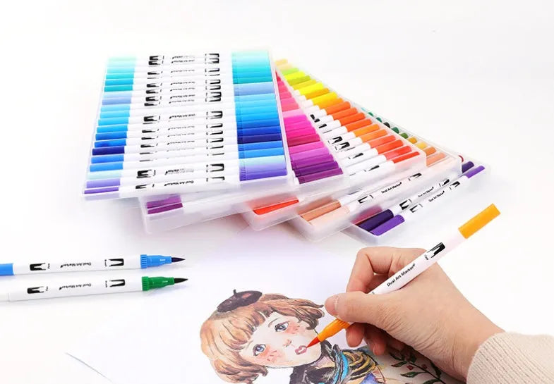 Watercolour pen set with artist brush tips showing multiple colour options from 48 to 100 colours