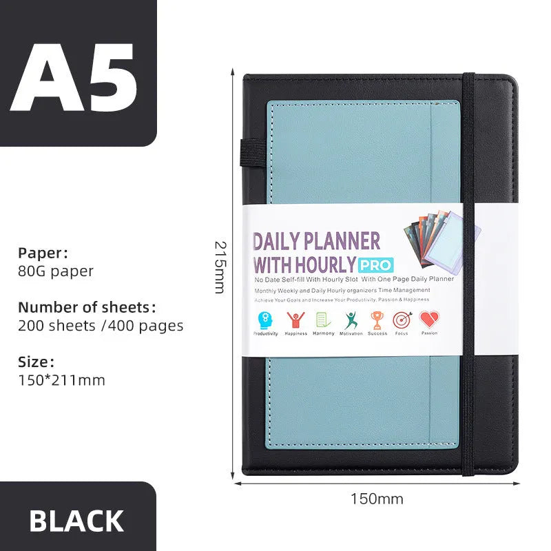 PU leather notebook with strap closure, shown open on 80g wood-free paper, available in purple, green, gray, black, pink, and orange.