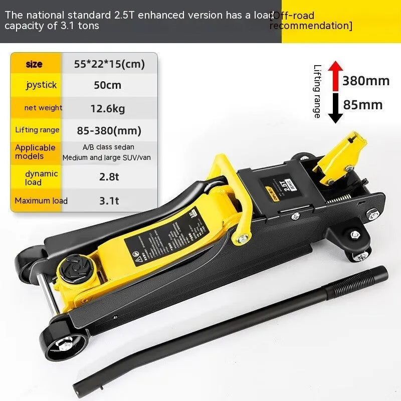 Horizontal hydraulic car jack with handle and compression member for low-profile vehicle tyre changes