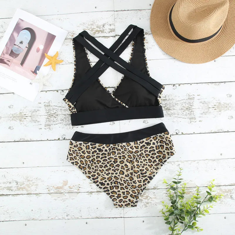 Leopard print women's swimsuit with V-neck front and cross banded bikini top