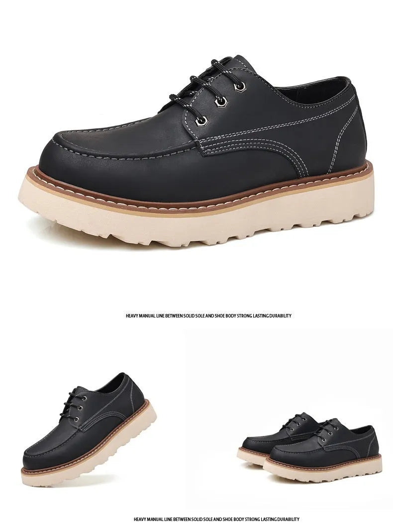 Men's black retro Martin boots with low-top design, round toe, and rubber sole