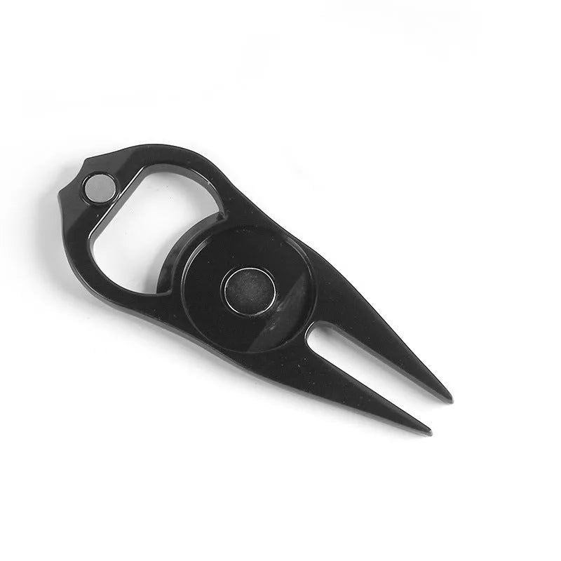 Zinc alloy golf accessory with ball yoke, bottle opener, and turf tool functions in black finish