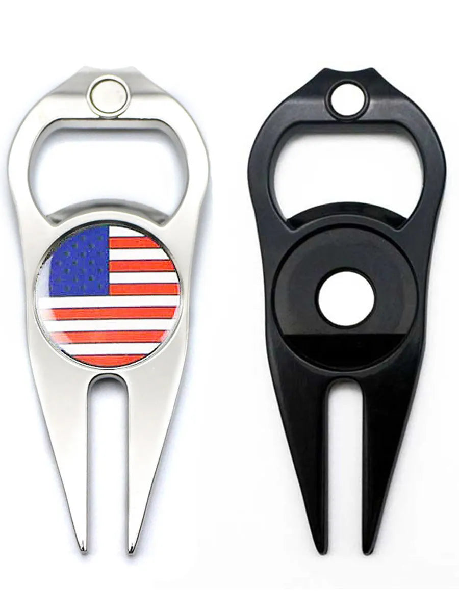Zinc alloy golf accessory with ball yoke, bottle opener, and turf tool functions in black finish