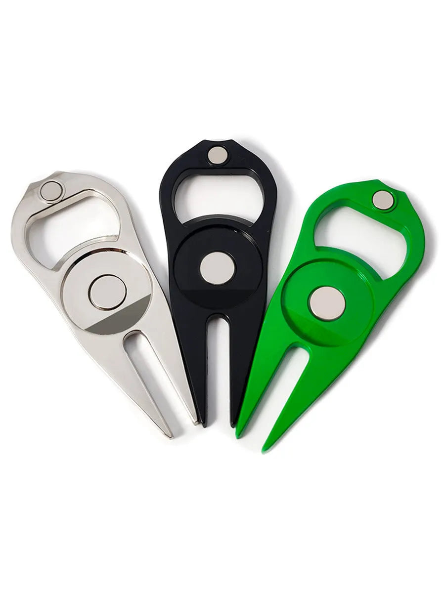 Zinc alloy golf accessory with ball yoke, bottle opener, and turf tool functions in black finish