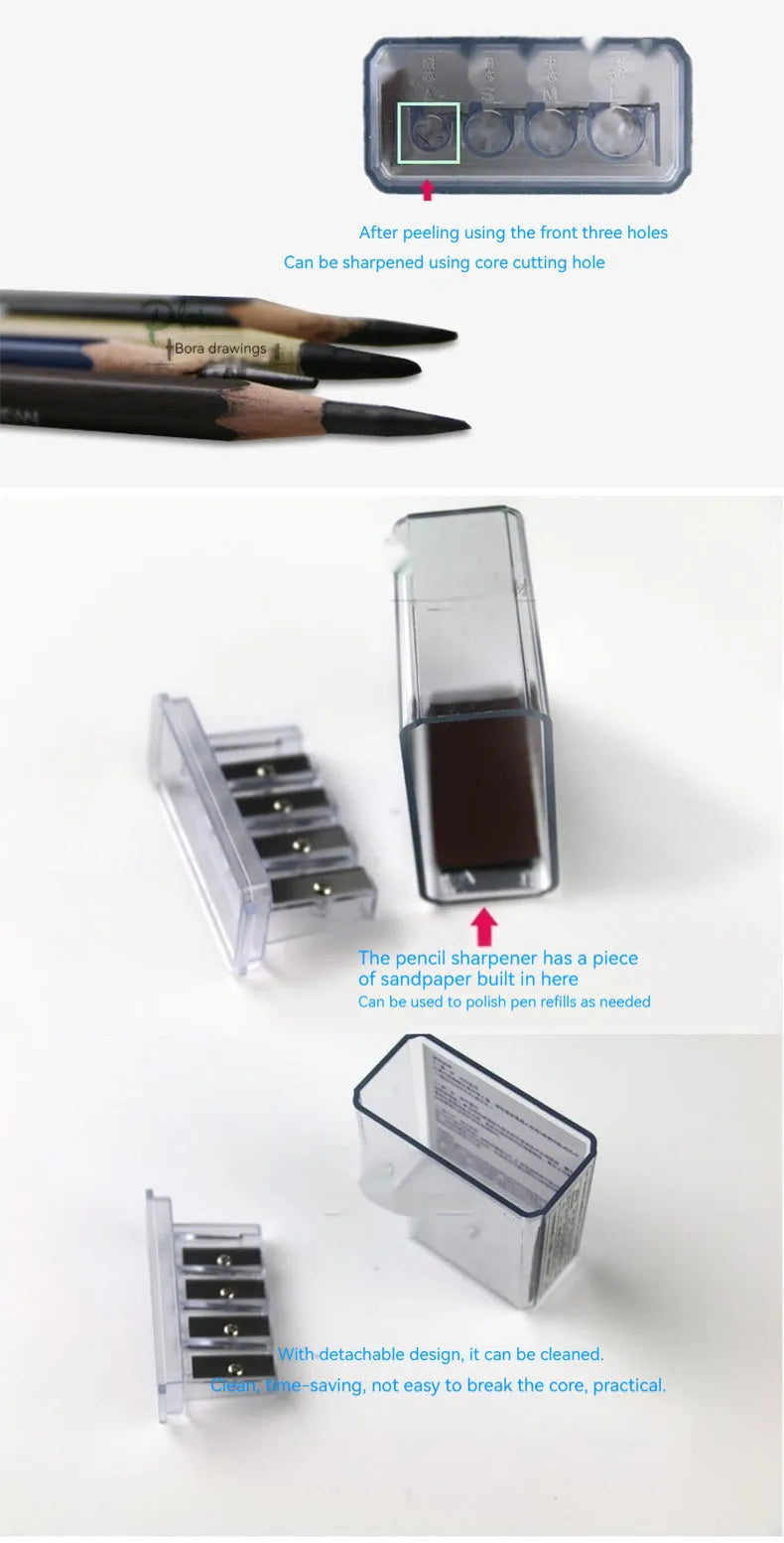 Four holes pencil sharpener bulk pack with geometric plastic design and screwdriver