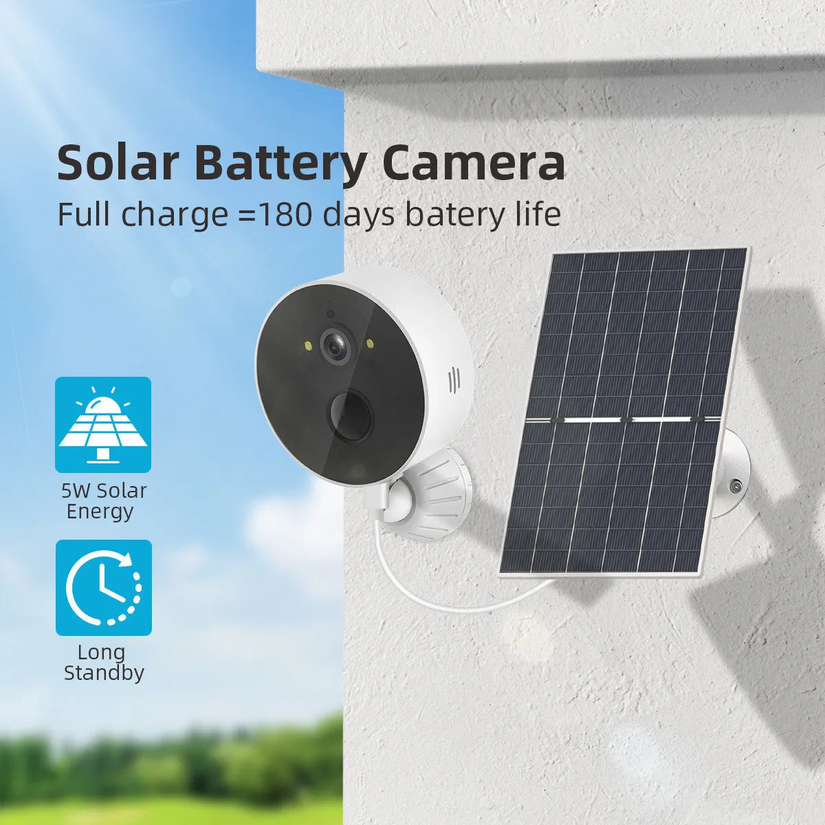 Solar-powered outdoor security camera with separate solar panel for wireless monitoring