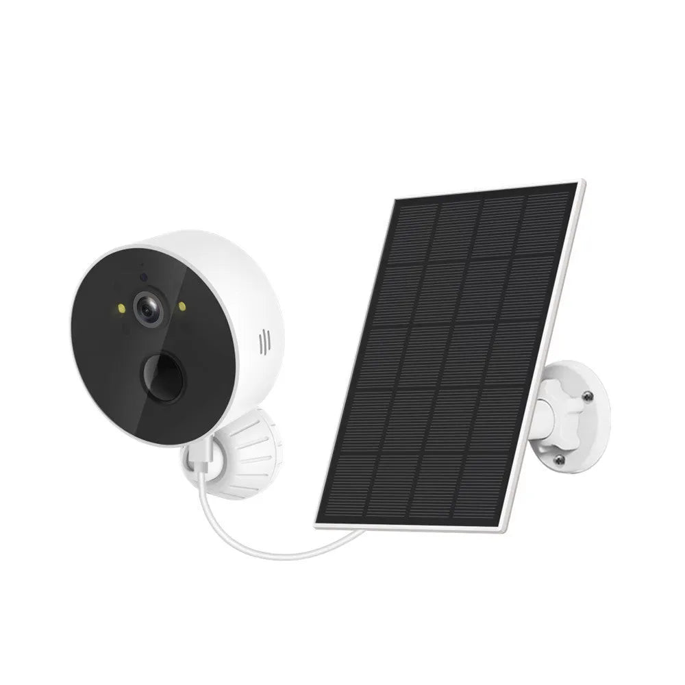 Solar-powered outdoor security camera with separate solar panel for wireless monitoring