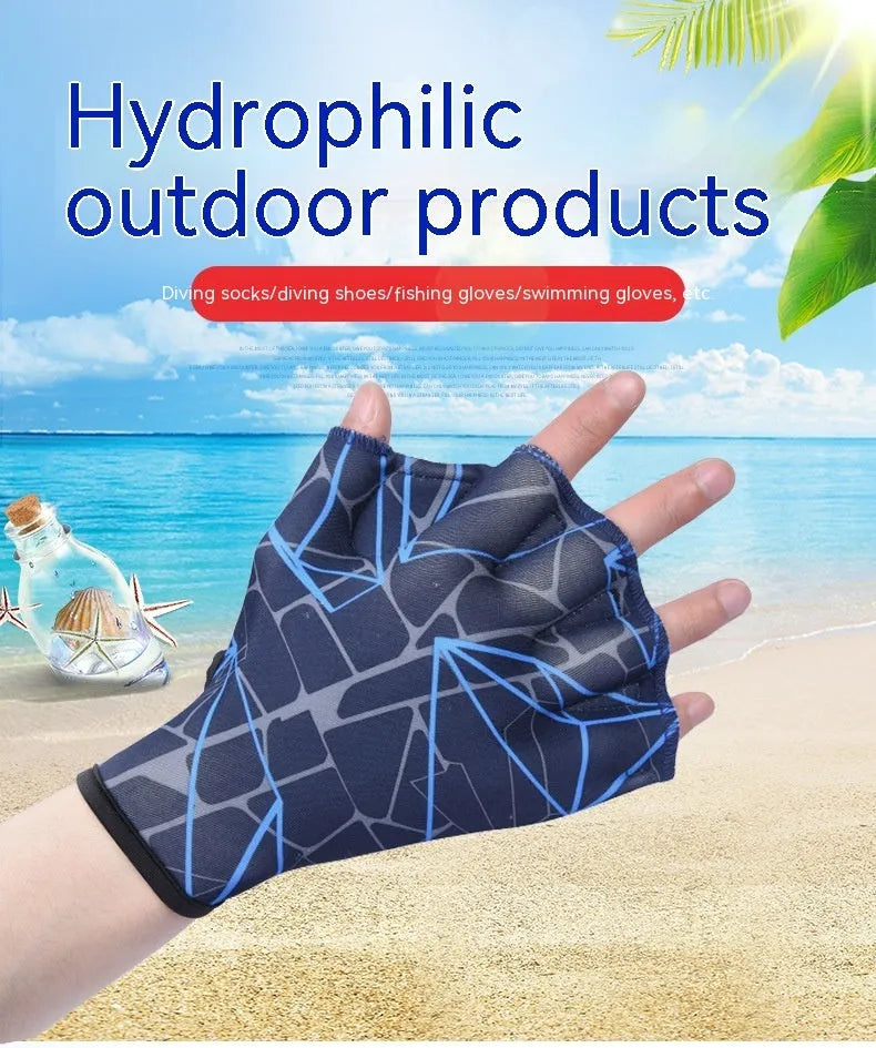 Webbed duck feet swimming gloves in nylon material showing colour variations and sizing options