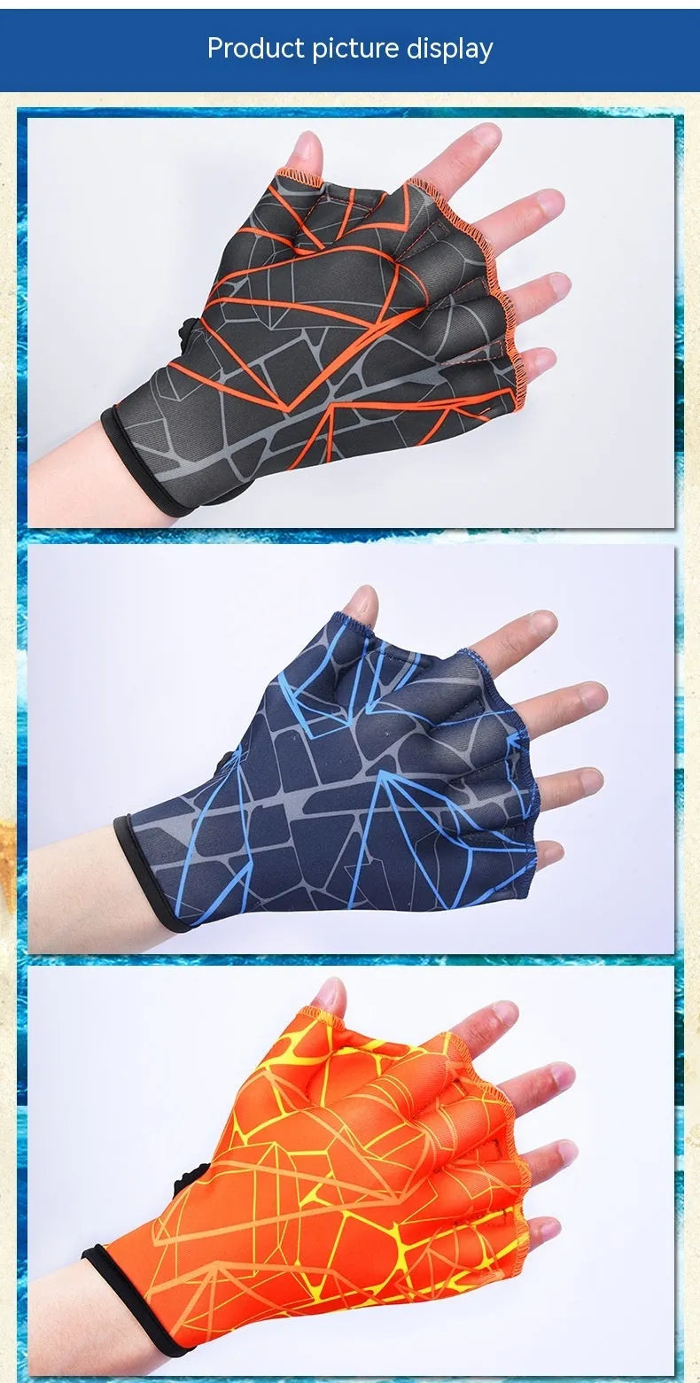 Webbed duck feet swimming gloves in nylon material showing colour variations and sizing options