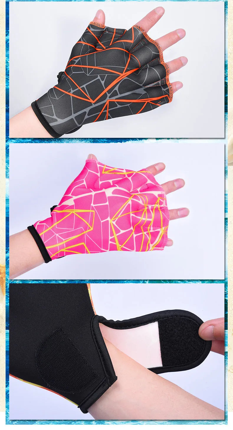 Webbed duck feet swimming gloves in nylon material showing colour variations and sizing options