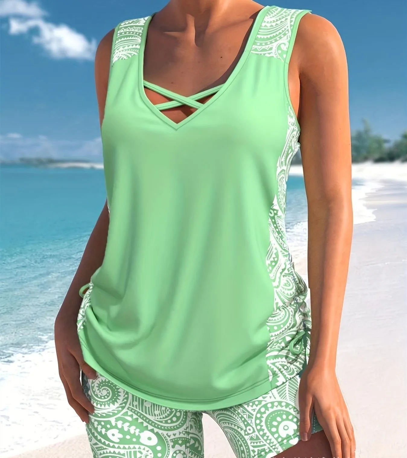 Women's printed split boxer swimsuit set showing top and shorts in polyester fabric